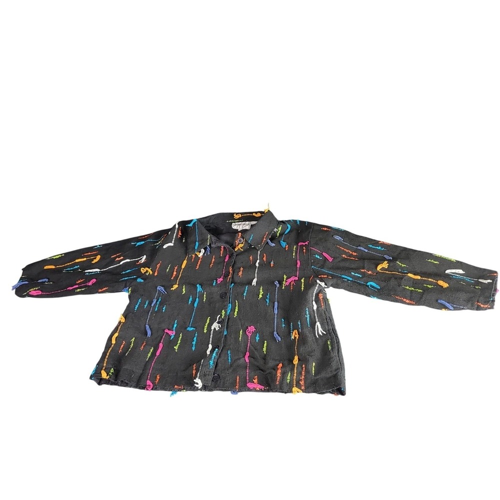 VTG Silver Stream Wearable Art Jacket Womens XL Black Textured‎ Yarn Embroidered
